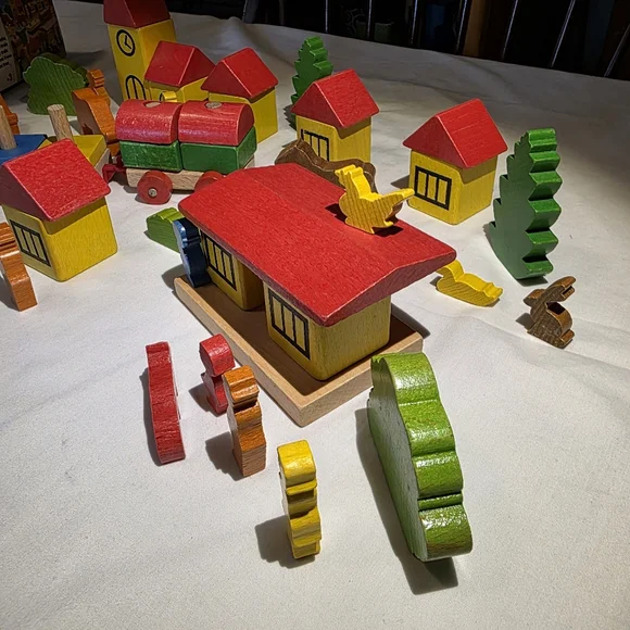 Vintage Lorenz Spielwelt Wooden Village And Train Building Set 70s West Germany - Picture 9 of 16